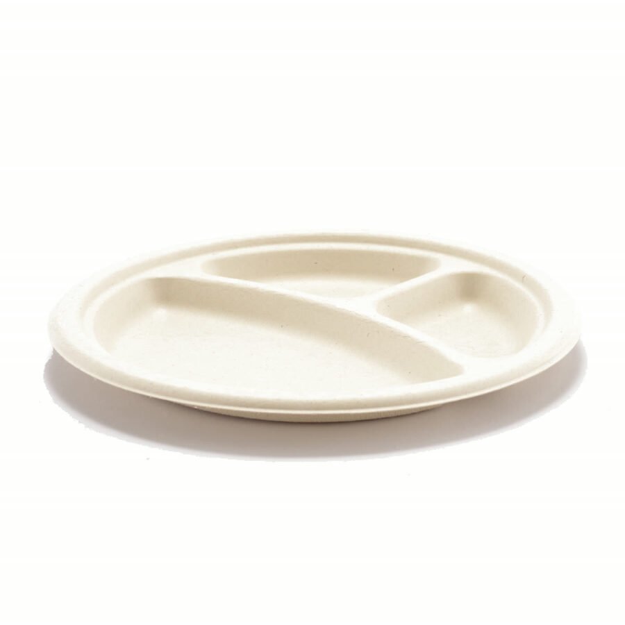 9″ Compostable Bagasse 3-compartment round plate (BP93)