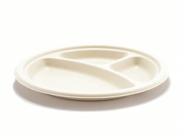 10″ Compostable Bagasse 3-compartment round plate (BP103)